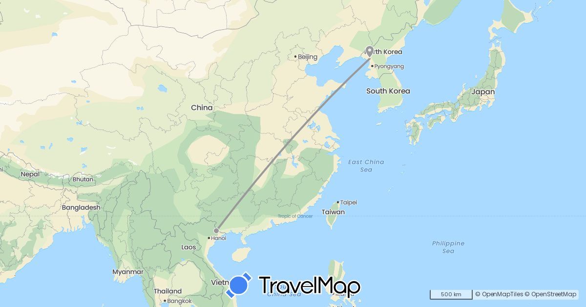 TravelMap itinerary: driving, plane in South Korea, Vietnam (Asia)